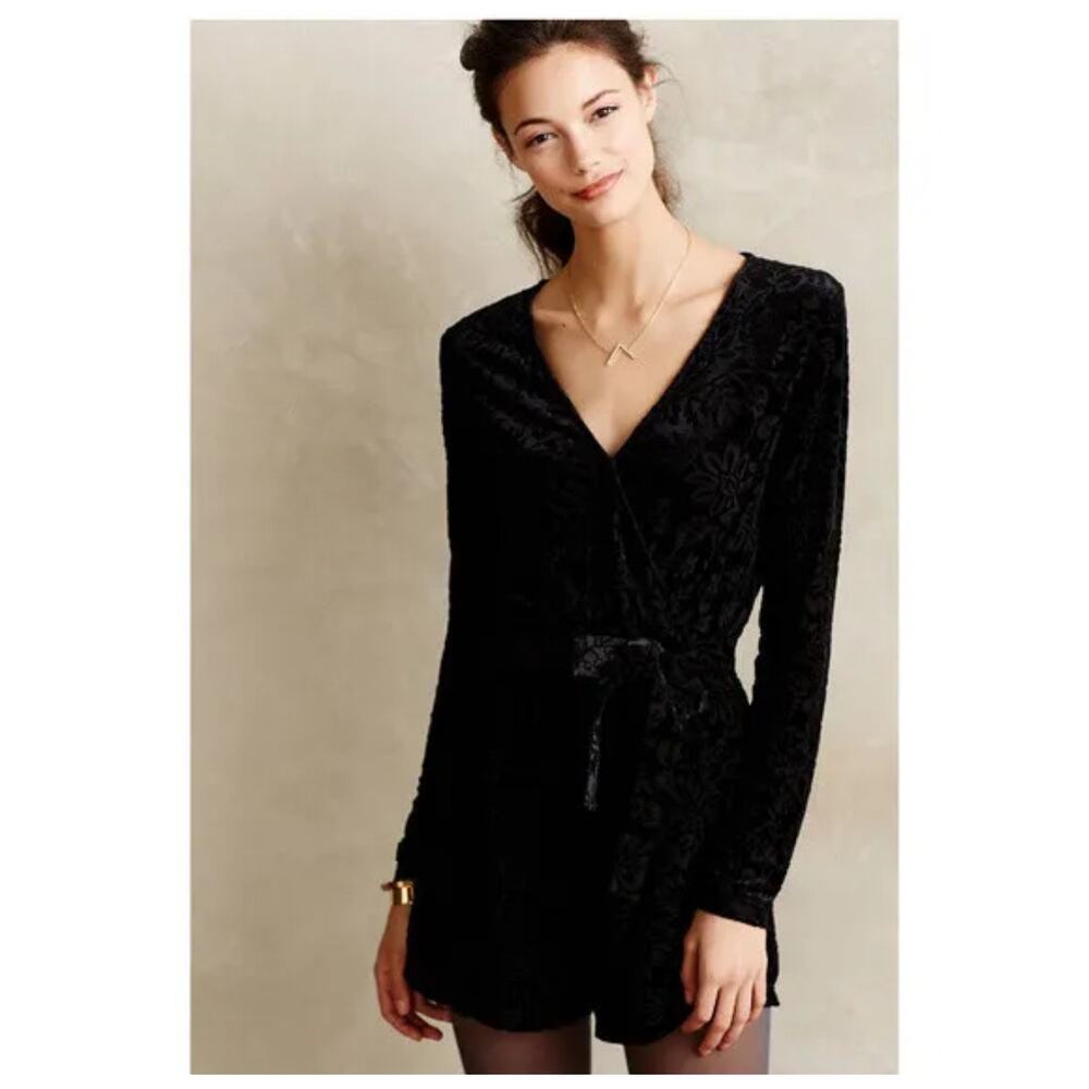 Saylor‎ Velvet Burnout Romper Women's M Black Long Sleeve Sheer Cross Front